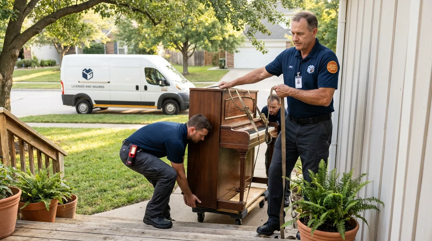 Licensed piano movers securing grand piano in Wrightsville Beach, NC
