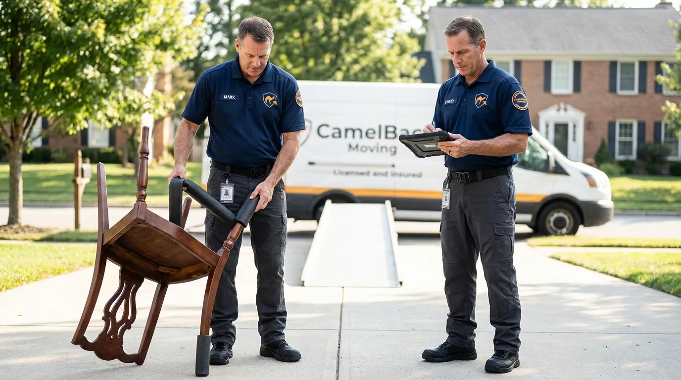 Movers inspecting furniture for damage prevention before loading in Wrightsville Beach, NC