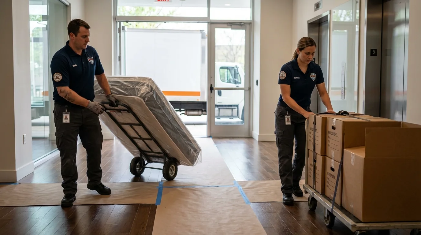 Professional apartment movers loading elevator in Wrightsville Beach, NC