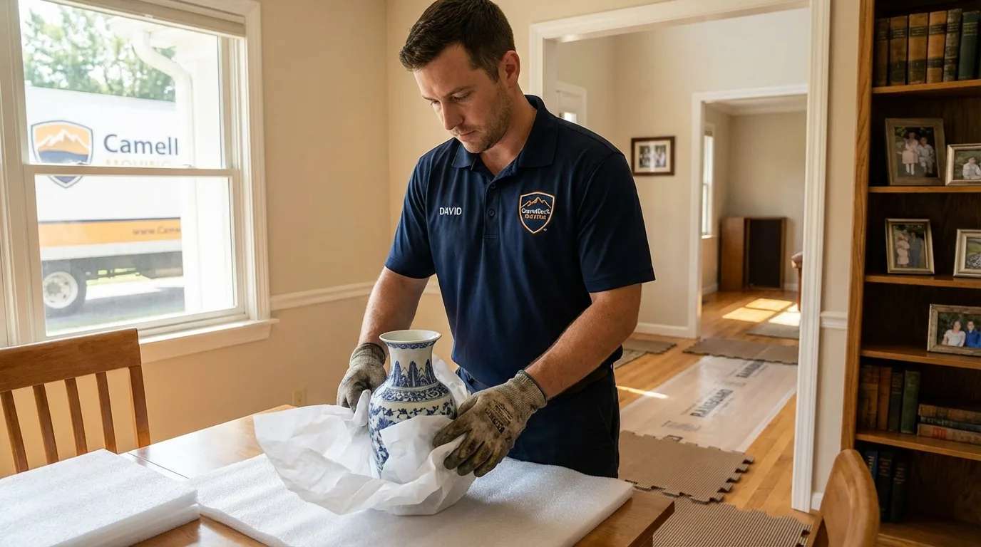 Professional crew carefully wrapping antique vase for senior downsizing move in Wrightsville Beach, NC